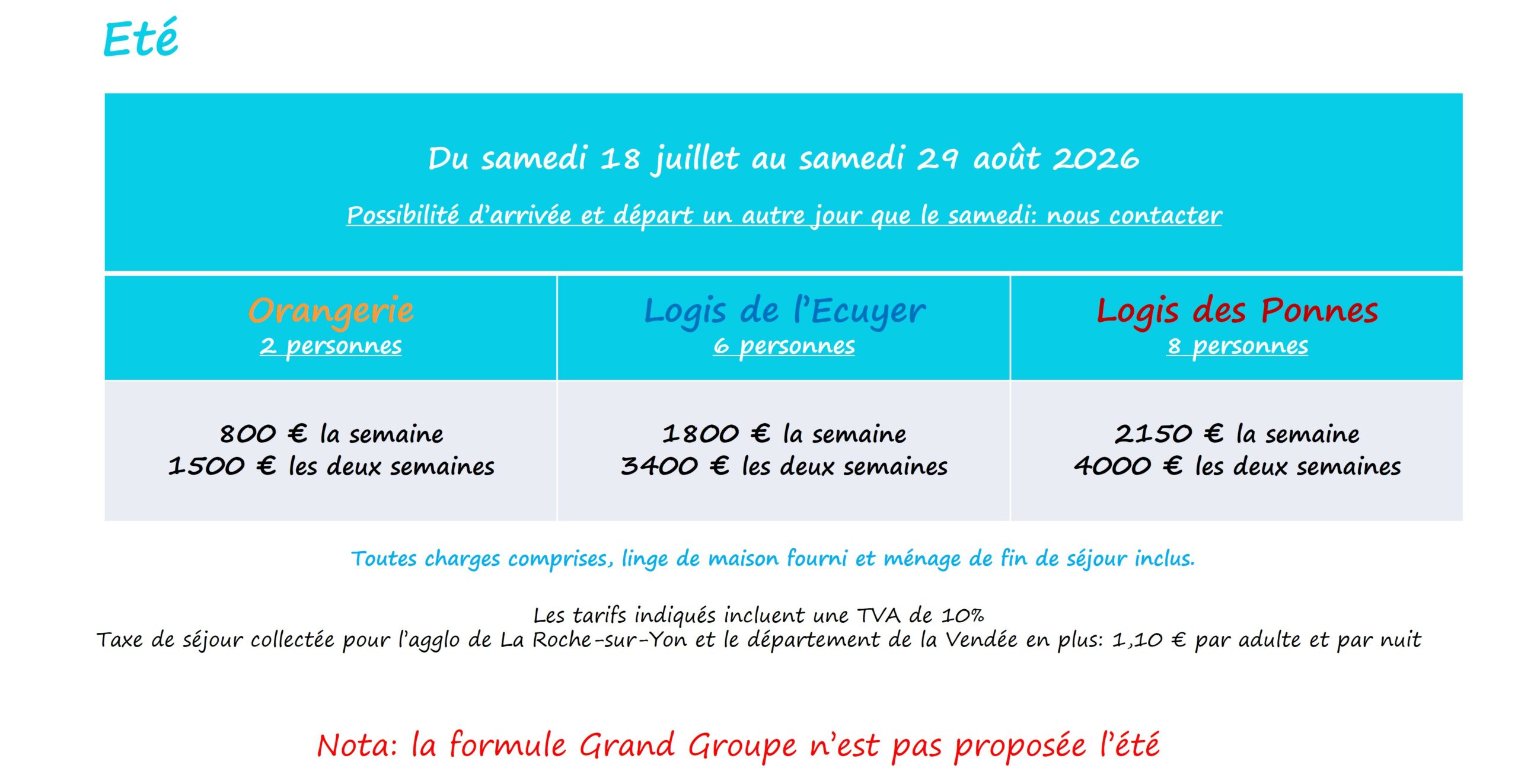Tarifs ETE 2026 La Girardière